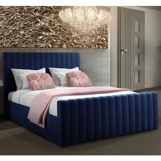 Photo of Kelowna plush velvet upholstered double bed blue