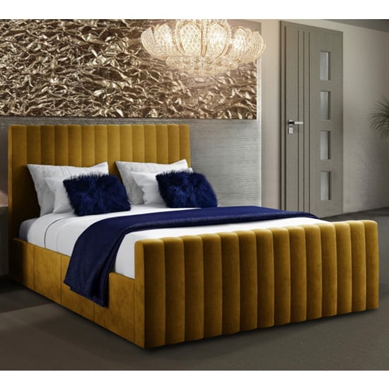 Read more about Kelowna plush velvet upholstered double bed mustard