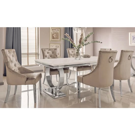 Product photograph of Kelsey Cream Marble Dining Table With 6 Bevin Champagne Chairs from Furniture in Fashion
