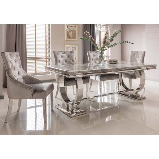 Product photograph of Kelsey Grey Marble Dining Table With 6 Bevin Pewter Chairs from Furniture in Fashion