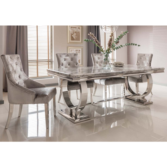 Read more about Kelsey grey marble dining table with 6 bevin pewter chairs