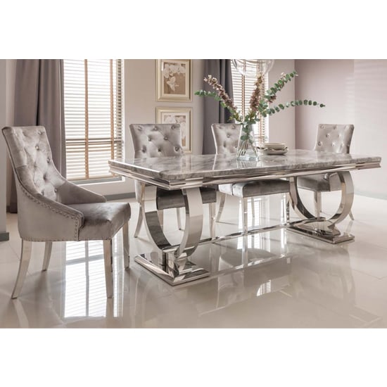 Read more about Kelsey grey marble dining table with 8 bevin pewter chairs