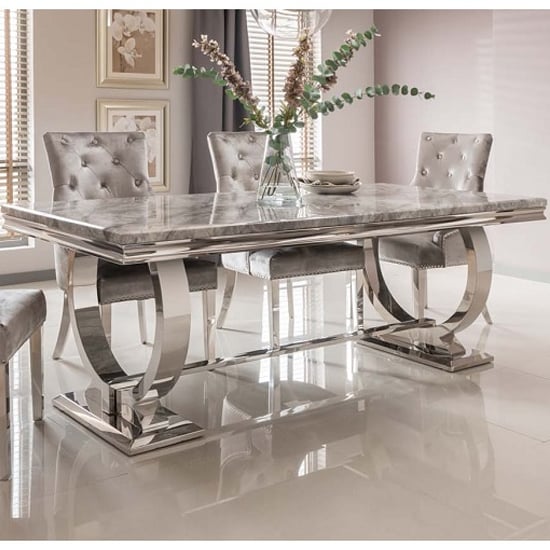 Photo of Kelsey large marble dining table with steel base in grey