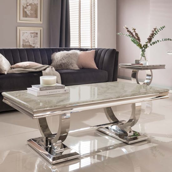 Photo of Kelsey marble coffee table with stainless steel base in cream