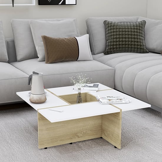 Kendrix Square Wooden Coffee Table In White And Sonoma Oak