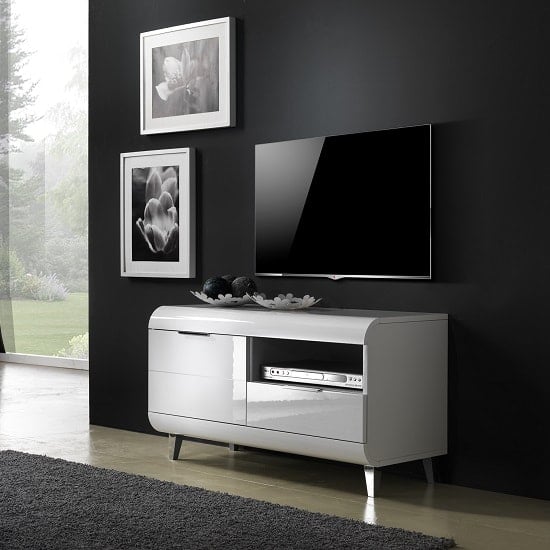 Kenia Small TV Stand In White High Gloss With Wooden Legs