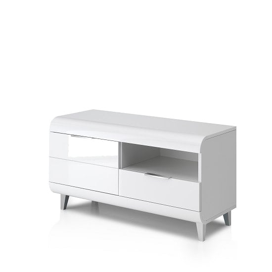 Kenia Small TV Stand In White High Gloss With Wooden Legs_3
