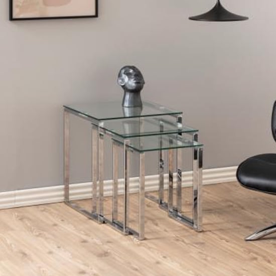 Product photograph of Kennesaw Clear Glass Nest Of 3 Tables With Chrome Frame from Furniture in Fashion
