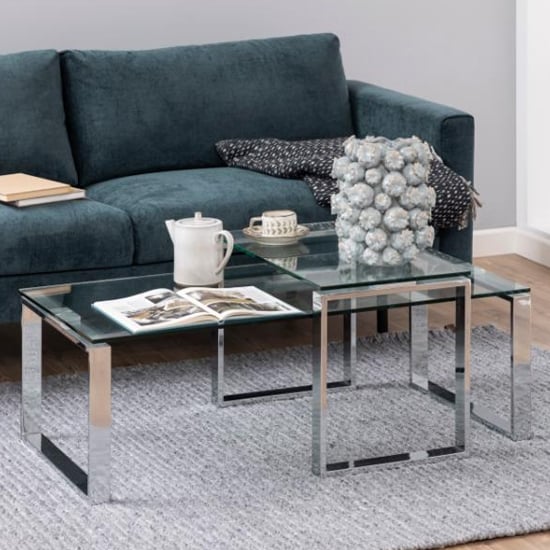 Product photograph of Kennesaw Clear Glass Set Of 2 Coffee Tables With Chrome Frame from Furniture in Fashion