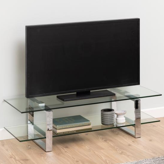 Photo of Kennesaw clear glass tv stand with chrome steel frame