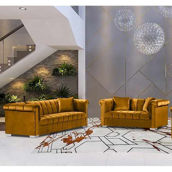 Product photograph of Kenosha Velour Fabric 2 Seater And 3 Seater Sofa In Gold from Furniture in Fashion