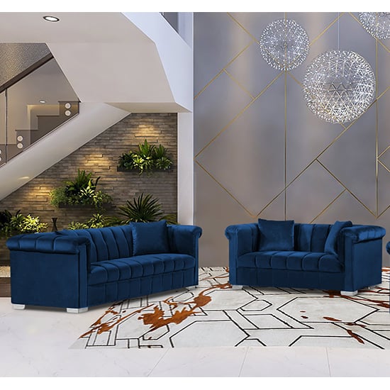 Product photograph of Kenosha Velour Fabric 2 Seater And 3 Seater Sofa In Navy from Furniture in Fashion