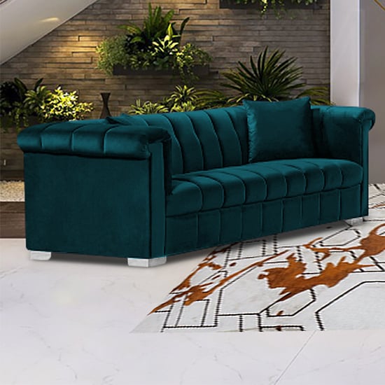 Kenosha Malta Plush Velour Fabric 3 Seater Sofa In Emerald