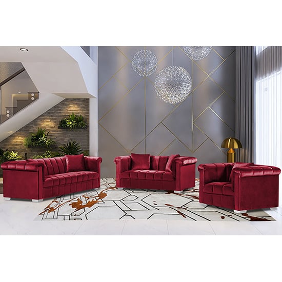 Photo of Kenosha malta plush velour fabric sofa suite in red