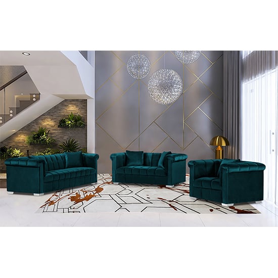 Kenosha Malta Plush Velour Fabric Sofa Suite In Emerald