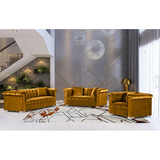 Photo of Kenosha malta plush velour fabric sofa suite in gold