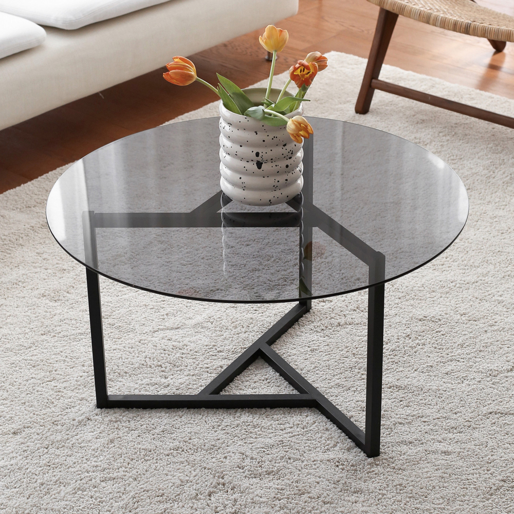 Kensai Round Fume Glass Top Coffee Table with Black Metal Base