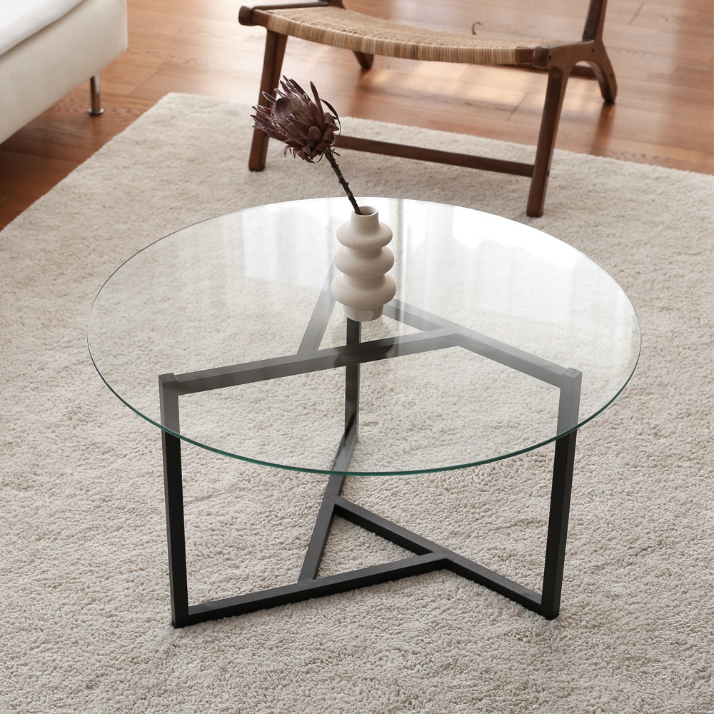 Kensai Round Glass Top Coffee Table with Black Metal Base