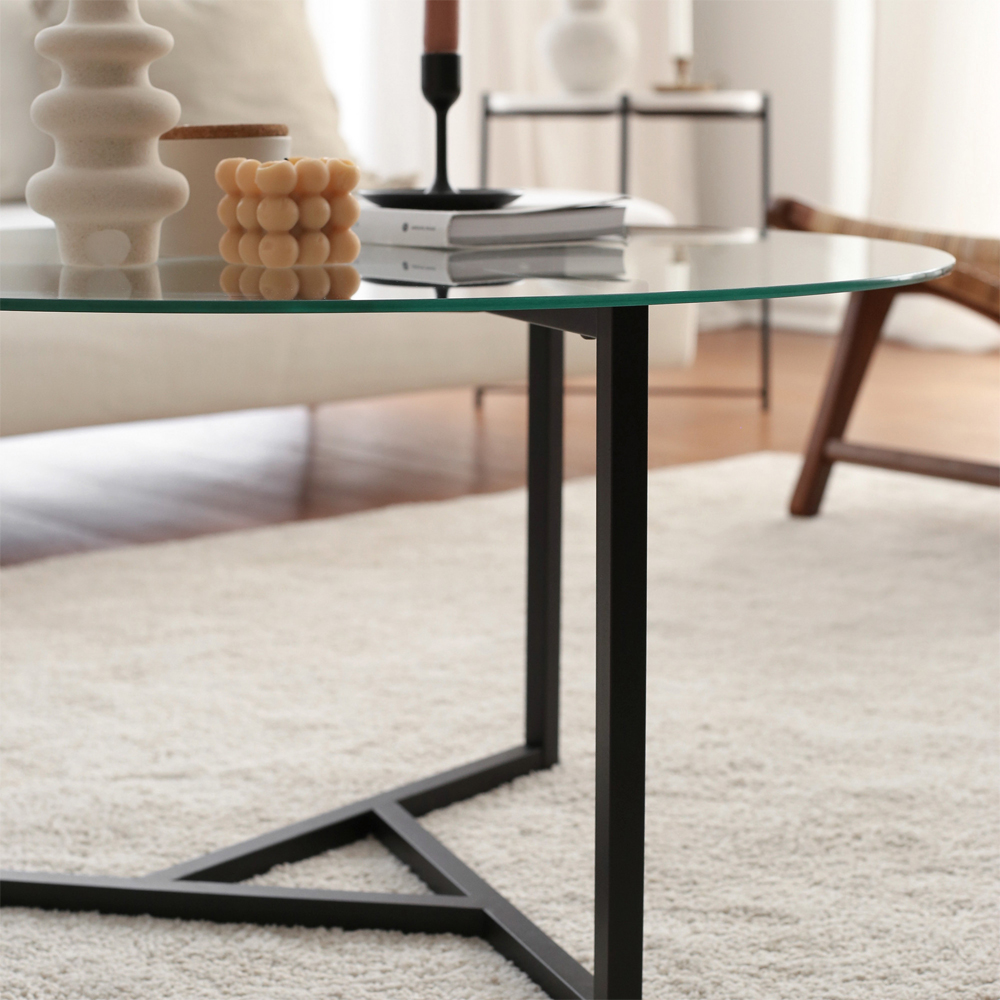 Kensai Round Glass Top Coffee Table with Black Metal Base