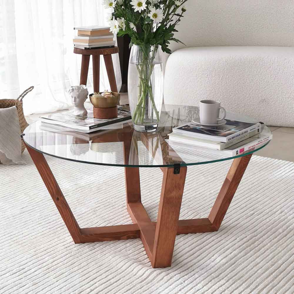 Kensai Round Glass Top Coffee Table with Wooden Base in Oak