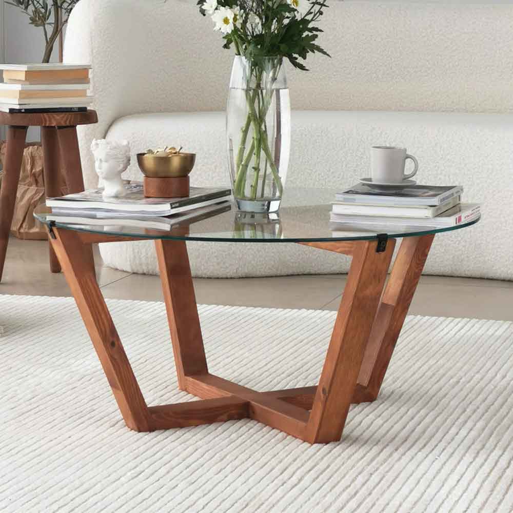 Kensai Round Glass Top Coffee Table with Wooden Base in Oak