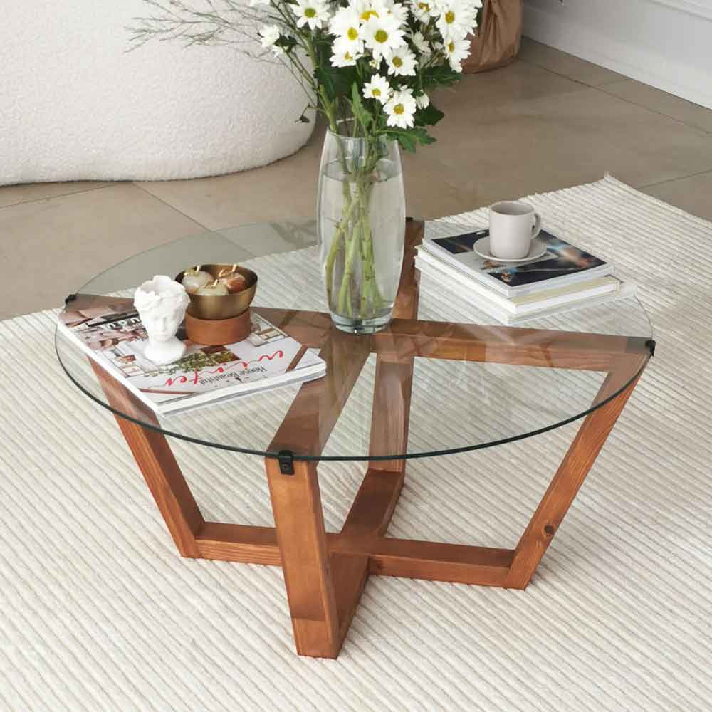 Kensai Round Glass Top Coffee Table with Wooden Base in Oak
