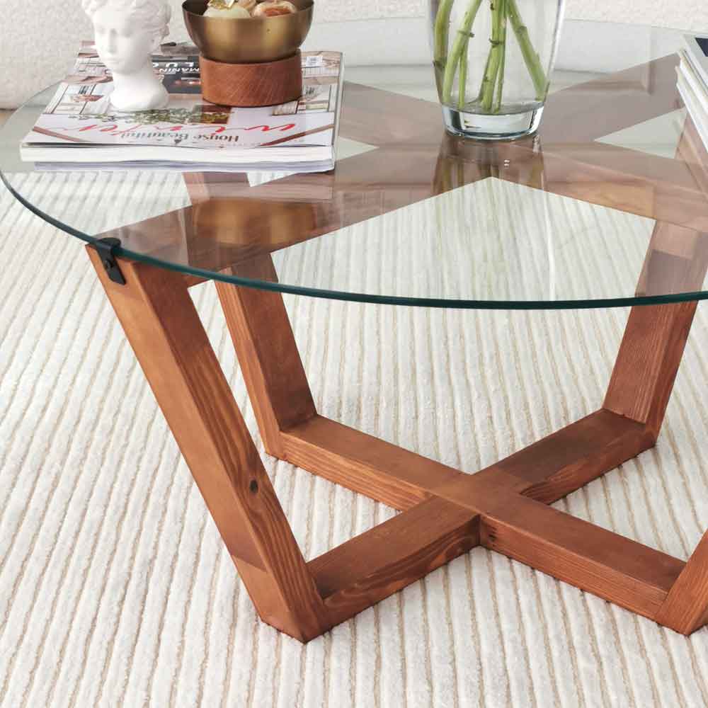 Kensai Round Glass Top Coffee Table with Wooden Base in Oak
