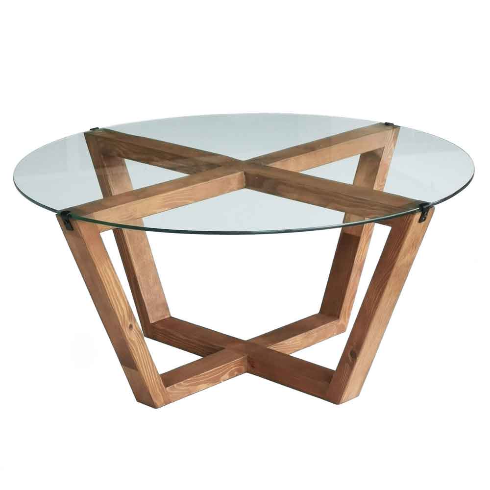 Kensai Round Glass Top Coffee Table with Wooden Base in Oak