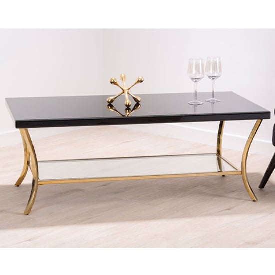Product photograph of Kensick Black Mirrored Glass Coffee Table With Gold Frame from Furniture in Fashion