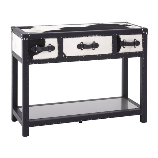 Kensick Cowhide Leather Console Table In Black And White Fif Kensick Cowhide Leather Console Table, Black Leather Console Table