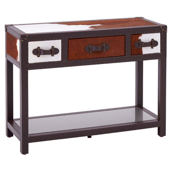 Kensick Cowhide Leather Console Table In Brown And White
