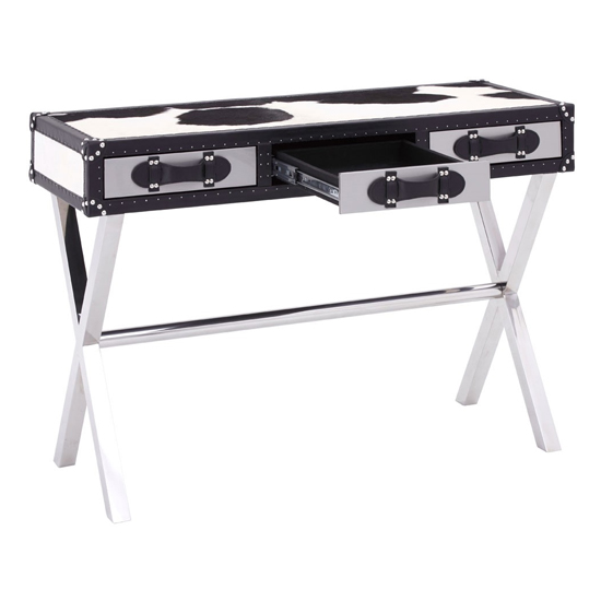 Kensick Cowhide Leather Slim Console Table In Black And White_3