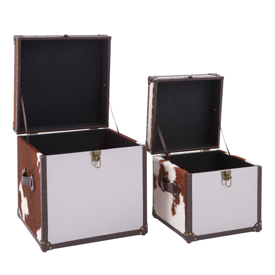 Kensick Cowhide Leather Storage Trunk Set In Brown And White_3