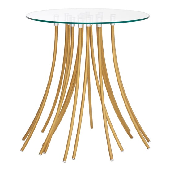 Product photograph of Kensick Round Clear Glass Side Table With Gold Metal Legs from Furniture in Fashion