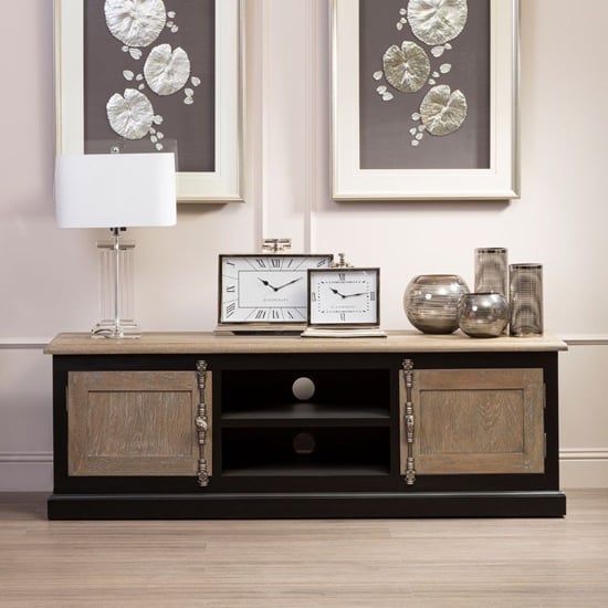 Read more about Kensick wooden tv stand with 2 doors in oak and black