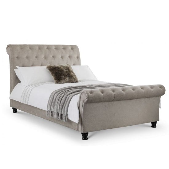 Rahela Fabric Double Bed In Mink Chenille With Wooden Legs