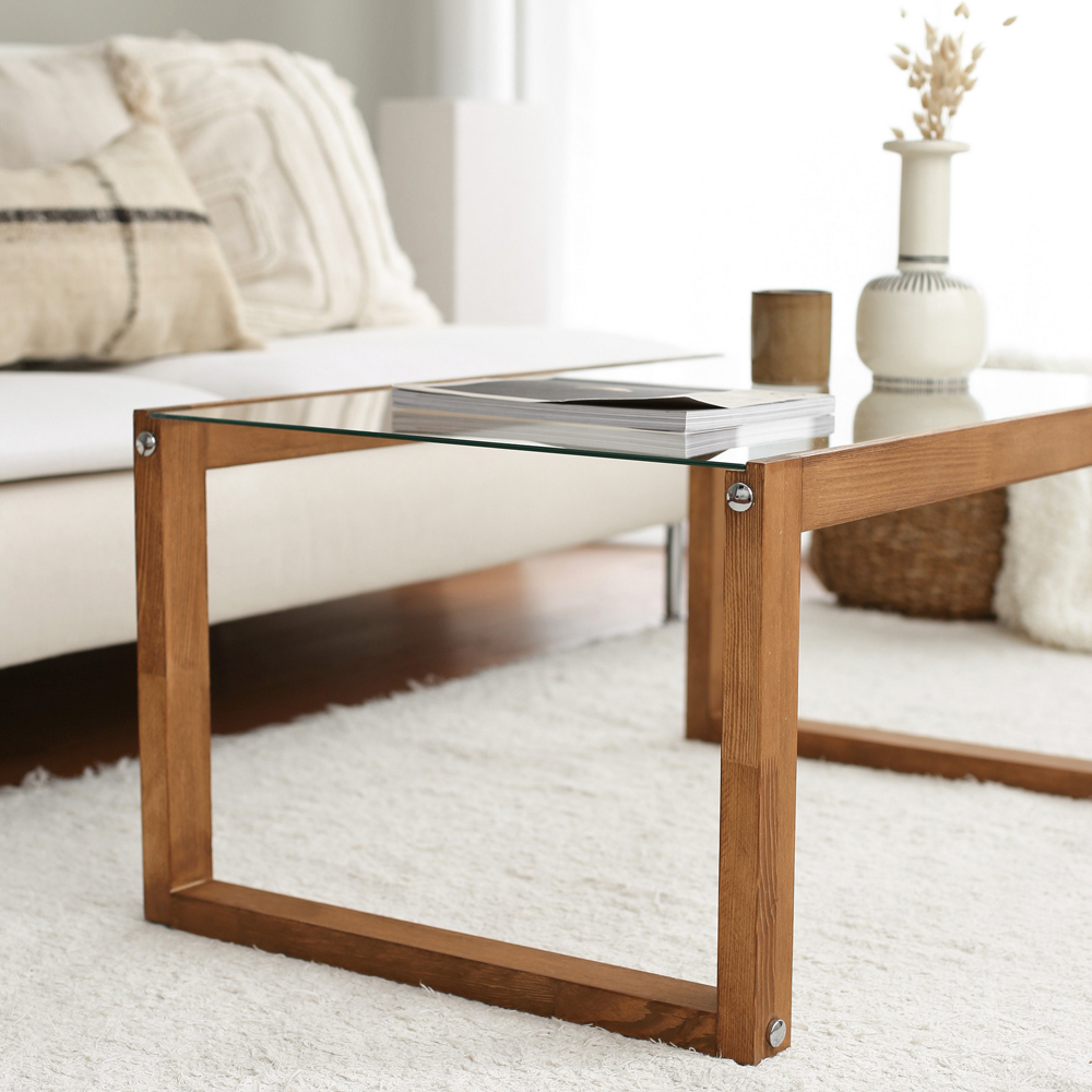 Kenza Brown Wooden Coffee Table with Glass Top