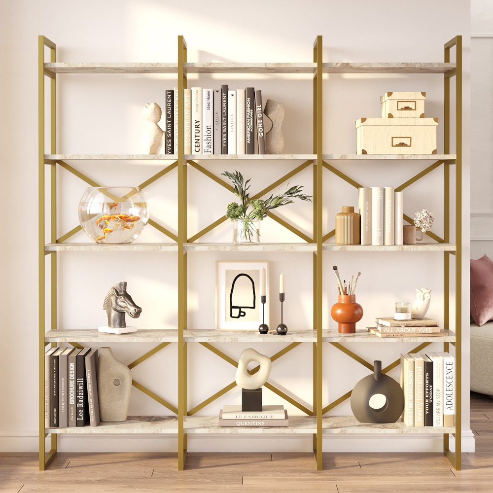 Kenza Large Wooden Display Unit with 5 Shelves in White Marble Effect
