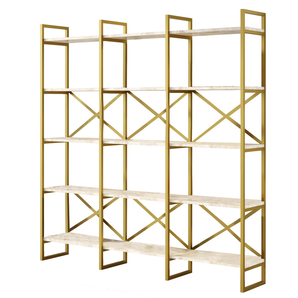 Kenza Large Wooden Display Unit with 5 Shelves in White Marble Effect