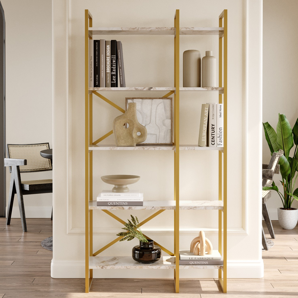 Kenza Medium Wooden Display Unit with 5 Shelves in White Marble Effect