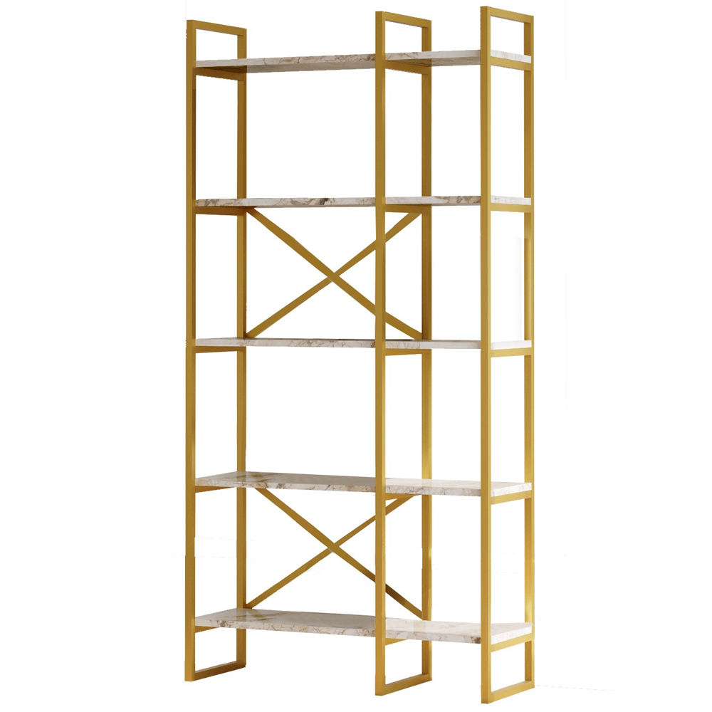 Kenza Medium Wooden Display Unit with 5 Shelves in White Marble Effect