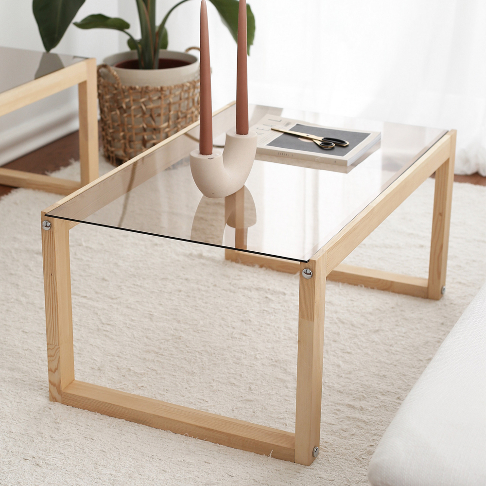Kenza Natural Wooden Coffee Table with Glass Top