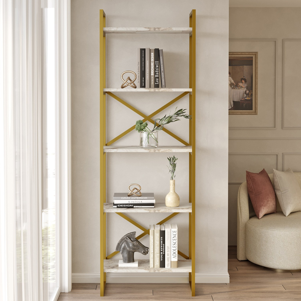 Kenza Small Wooden Display Unit with 5 Shelves in White Marble Effect