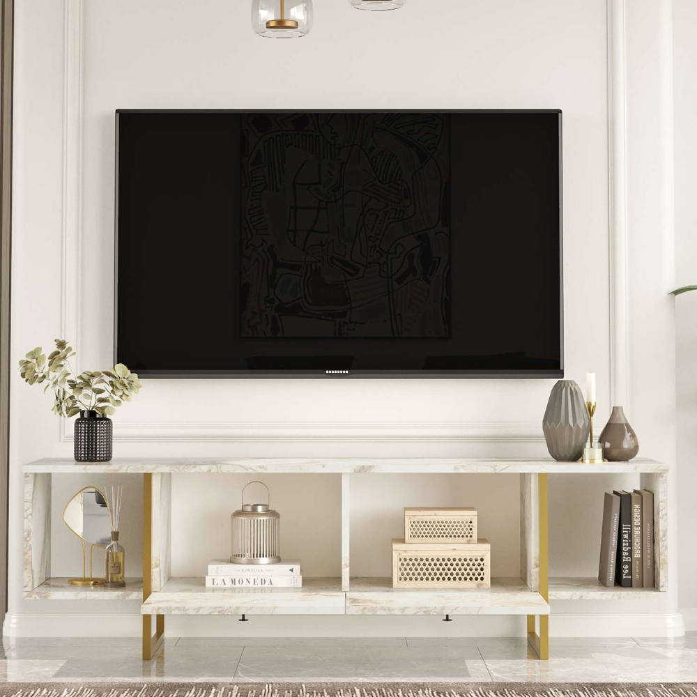 Kenza Wooden TV Stand with Gold Metal Legs in White Marble Effect