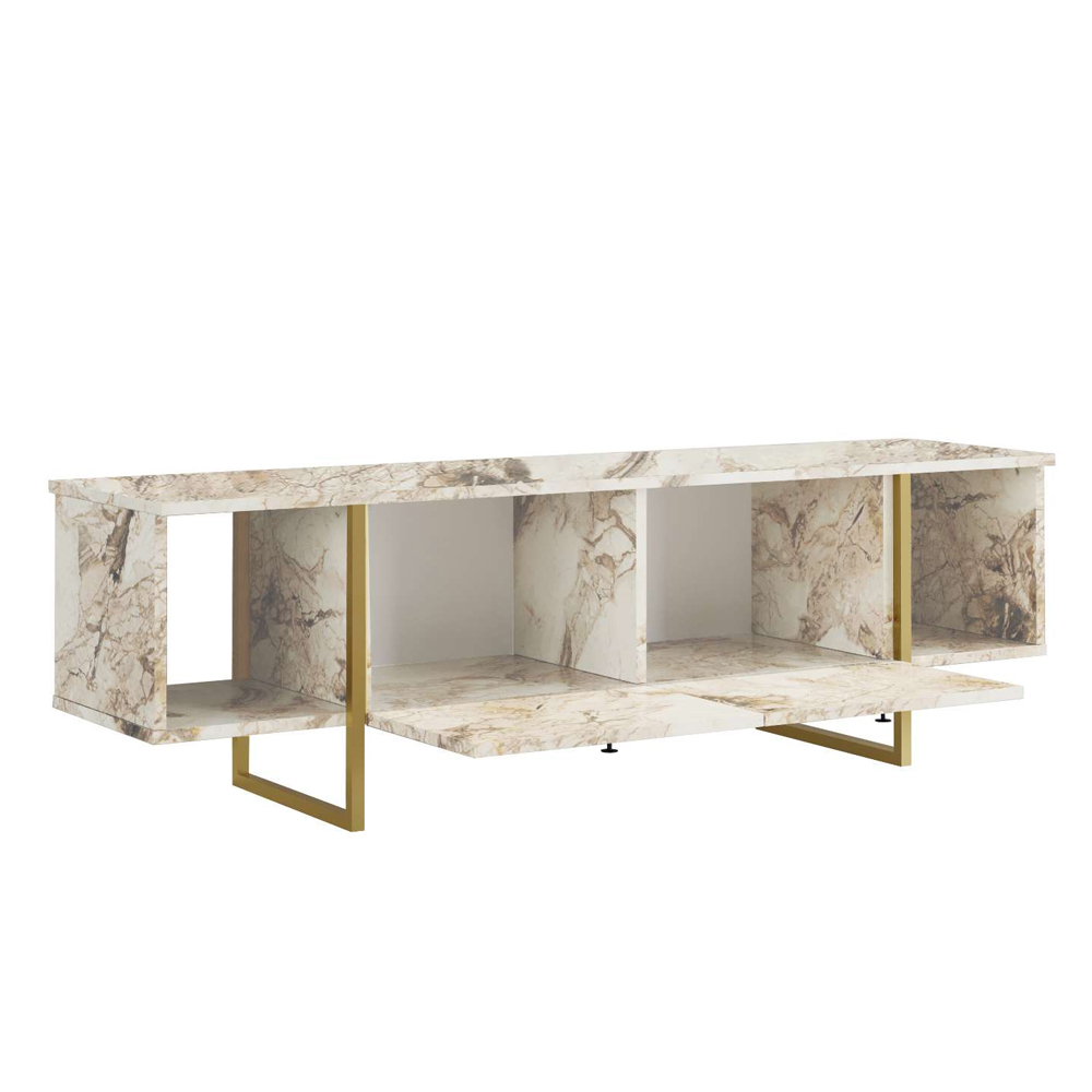 Kenza Wooden TV Stand with Gold Metal Legs in White Marble Effect