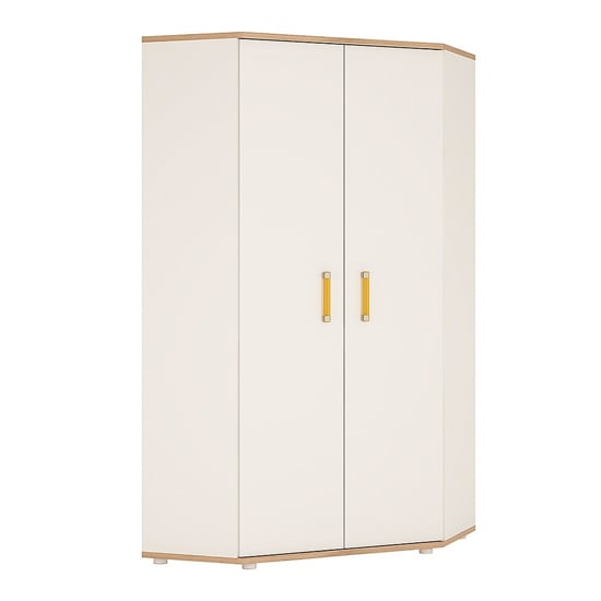 Photo of Kepo wooden corner wardrobe in white high gloss and oak