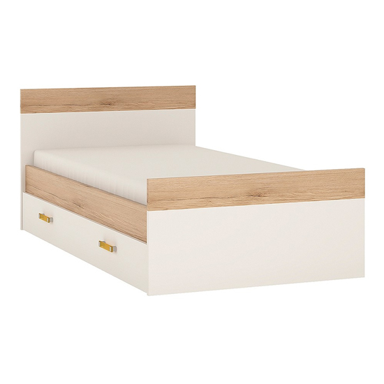 Photo of Kepo wooden single bed with drawer in white high gloss and oak