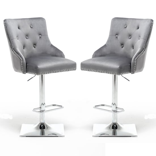 Kepro Dark Grey Velvet Upholstered Gas-Lift Bar Chairs In Pair_1