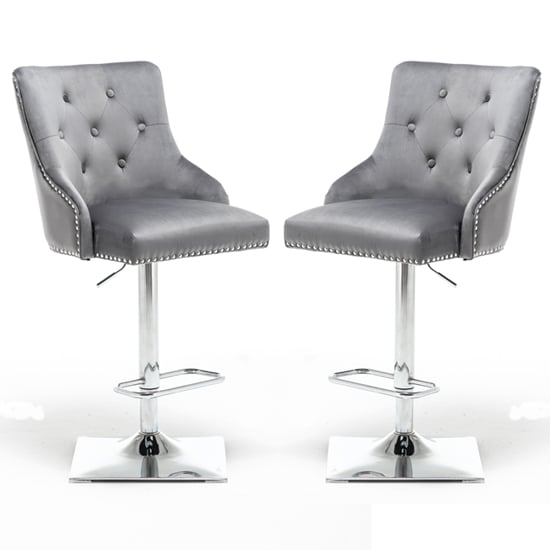 Kepro Dark Grey Velvet Upholstered GasLift Bar Chairs In Pair