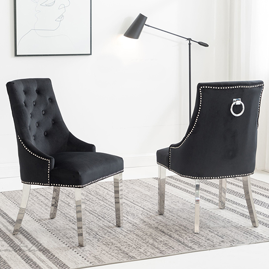 Read more about Kepro knocker black velvet dining chairs in pair